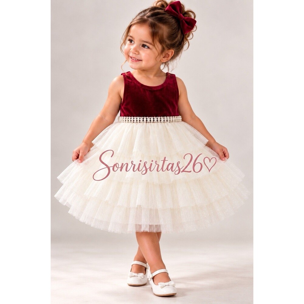 American Princess Girls 18M Burgundy Velvet Ivory Tulle Pearl Holiday Dress